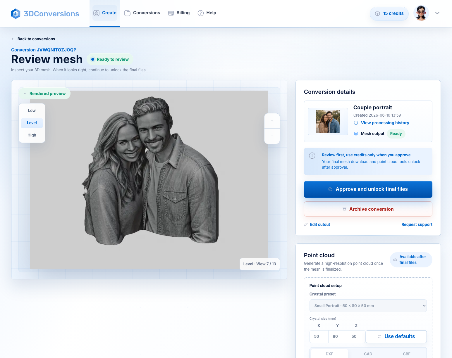 Mesh review screen with generated preview