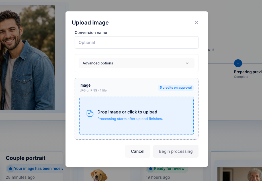 Upload modal with credit usage note
