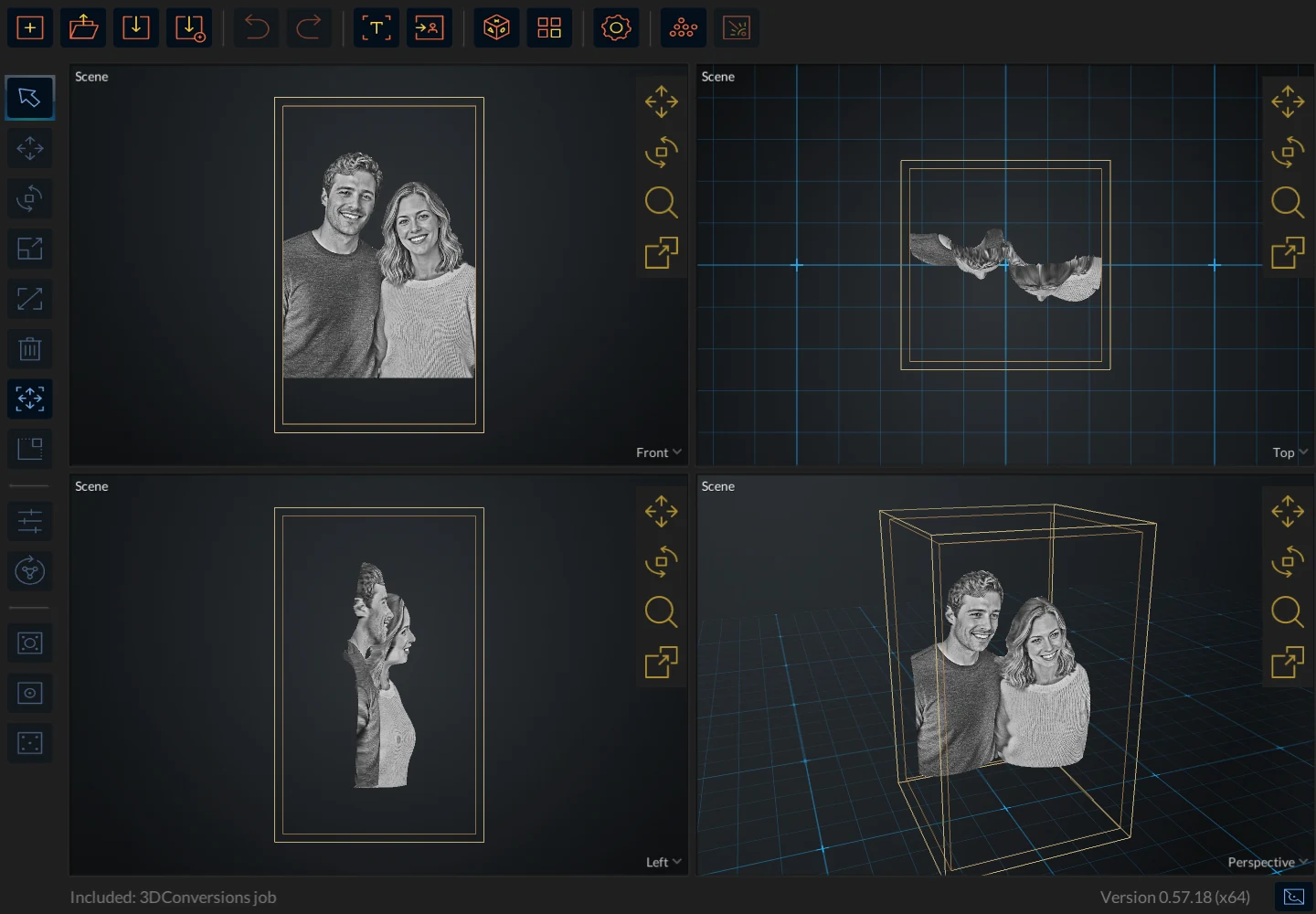 DepthForge showing the couple conversion inside a crystal in front, top, side, and perspective views